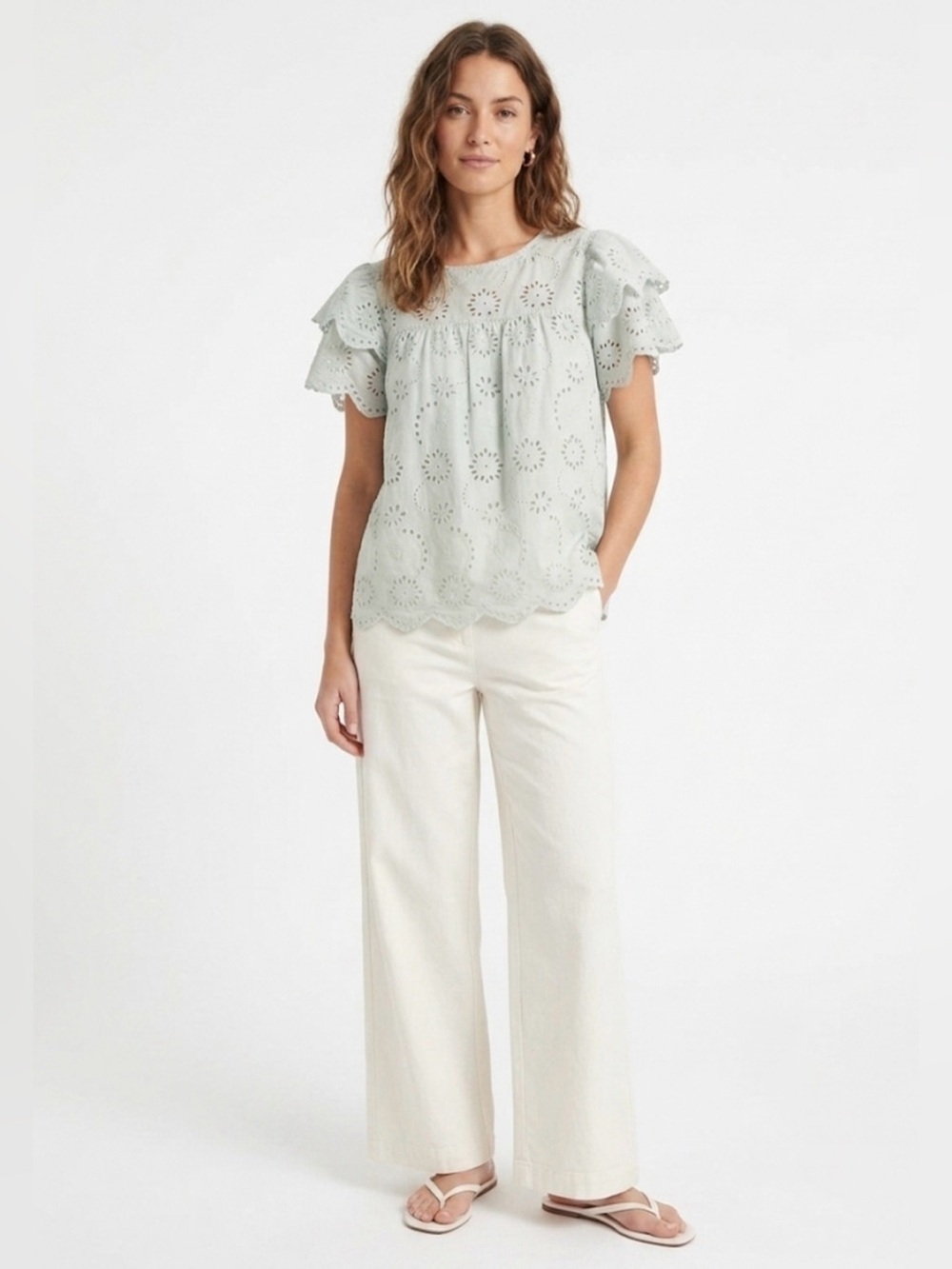 7 For All Mankind White Eyelet Lace Ruffle Sleeve Blouse Top S